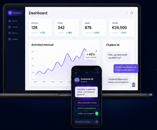 Dashboard con métricas de clientes, chats, leads, ventas y un chatbot IA en móvil